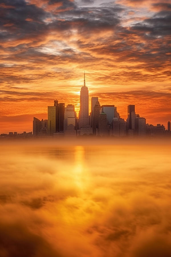 the  new  york  city  skyline  under  the  fog  sunrise  by Asar Studios Painting