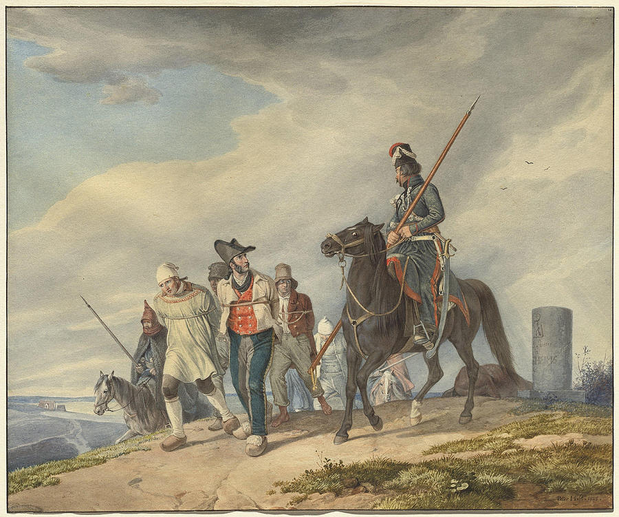Three Armed Riders Escorting Prisoners near Reims #3 Drawing by Peter von Hess