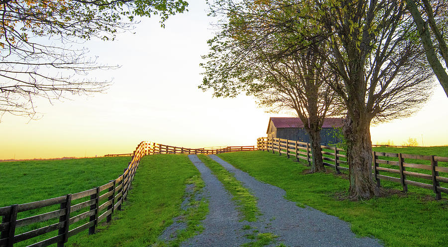 Tobacco Barn with farm lane and fence at sunrise- Near Richmond ...