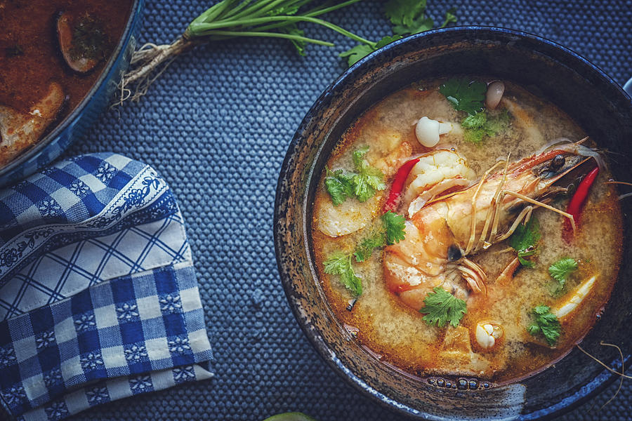 Tom Yum Goong Nam Kon Thai Soup with Shrimps, Enoki Mushrooms and Fresh Chili #2 Photograph by GMVozd
