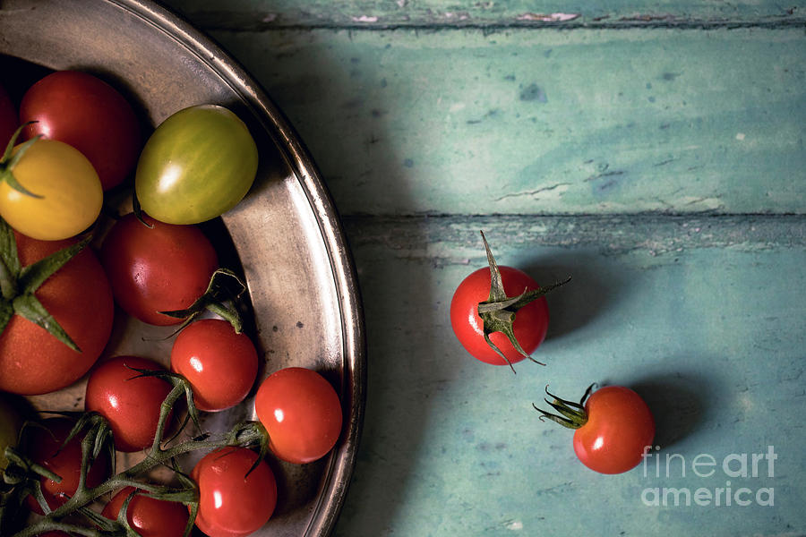 Tomato Photograph - Tomatoes on a pewter plate #2 by Jane Rix
