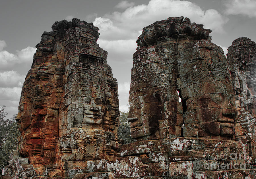 Landscape Photograph - 2 Tone Faces 3 Cambodia Angkor Tom  by Chuck Kuhn