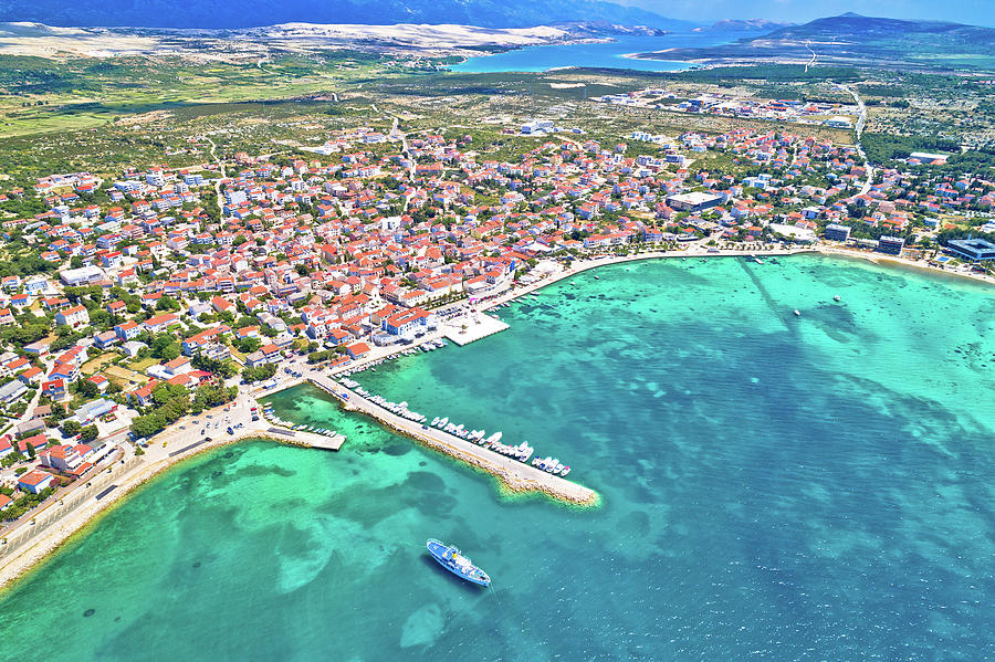 Town of Novalja beach and waterfront on Pag island aerial view #2 Photograph by Brch Photography