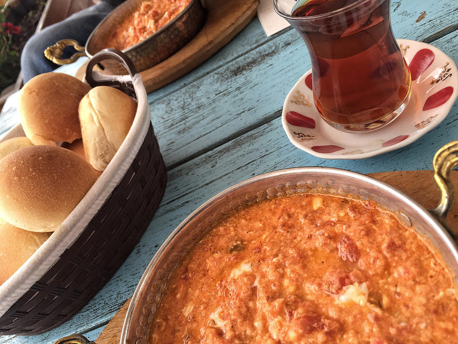 Traditional Breakfast With Omelet And Turkish Tea On Wooden Tabl #2 Photograph by Bbbrrn