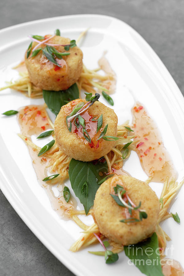 Traditional Thai Crab Cakes With Chilli Sauce In Bangkok Restaur