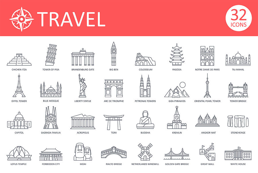Travel Landmark Icons - Thin Line Vector #2 Drawing by Pop_jop