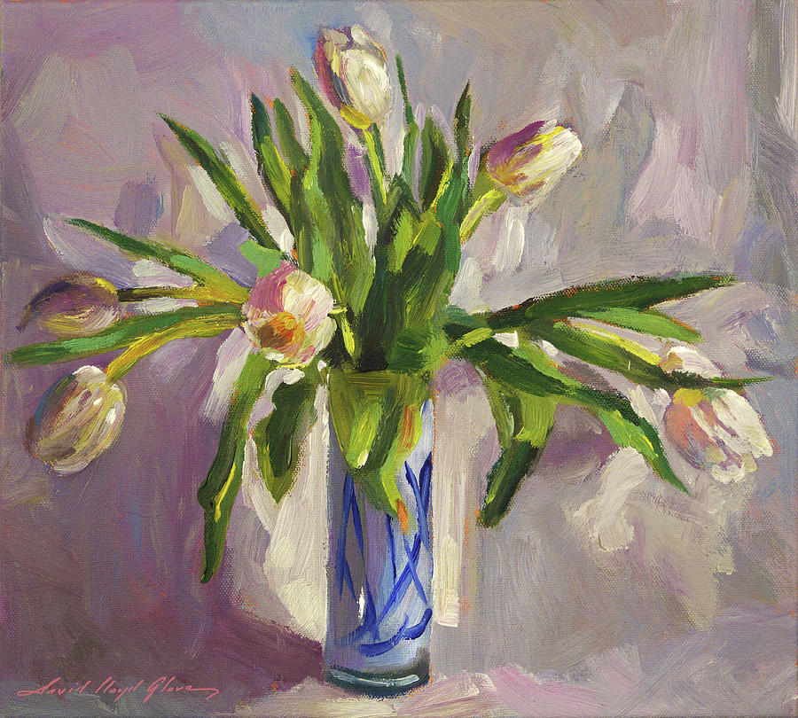 Tulips In Blue Glass #2 Painting by David Lloyd Glover