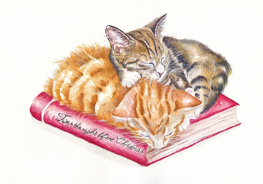 Twas The Night Before Christmas - sleeping kittens Painting by Debra Hall