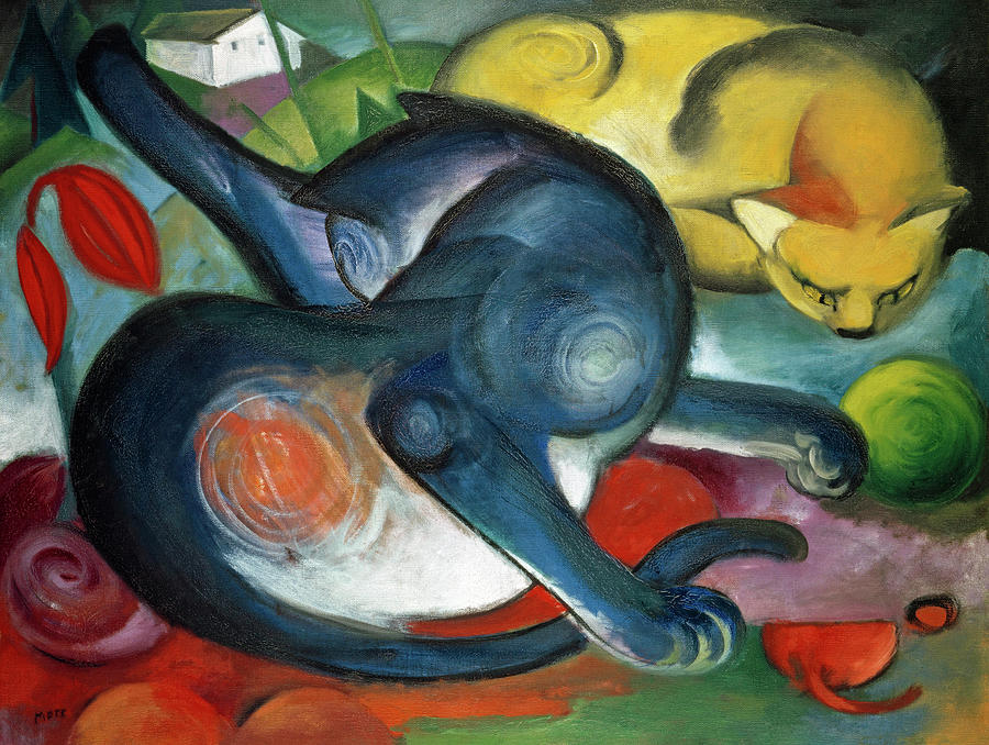 Two cats, blue and yellow #3 Painting by Franz Marc