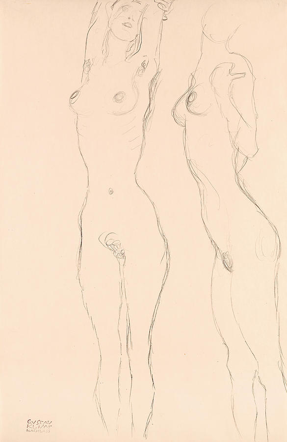 Two Nudes, the Left One with Raised Arms #3 Drawing by Gustav Klimt