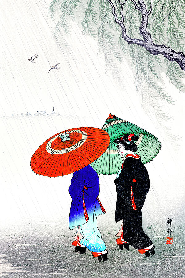 Animal Painting - Two women in the rain by Ohara Koson by Mango Art