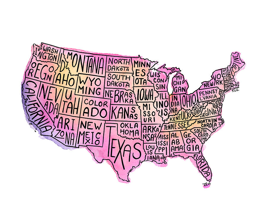 USA States Map Watercolor and Ink Illustration With State Names. Vector EPS10 Illustration #2 Drawing by Andrea_Hill
