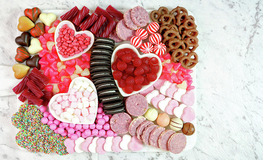 Valentines Day flat lay overhead candy and cookies grazing platter. #2 Photograph by Milleflore Images