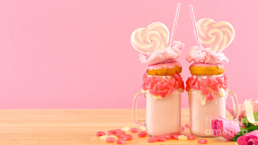 Valentines Day freak shakes with heart shaped lollipops and donuts. #2 Photograph by Milleflore Images