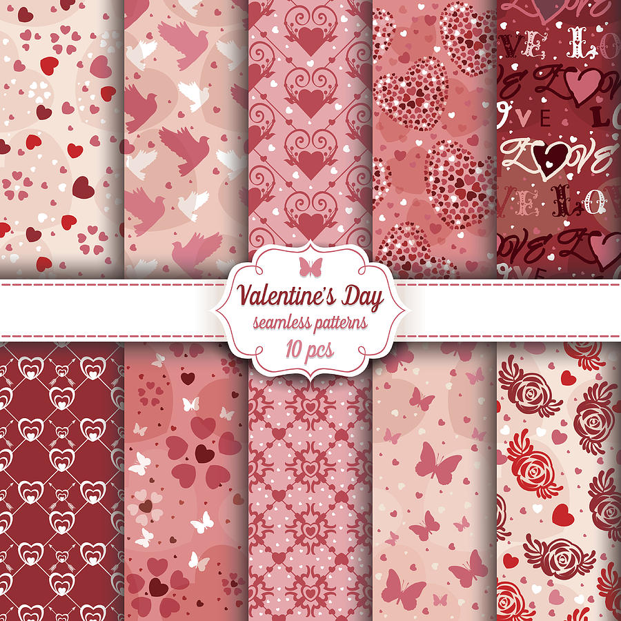 Valentines Day set of ten seamless romantic patterns #2 Drawing by Chuvipro