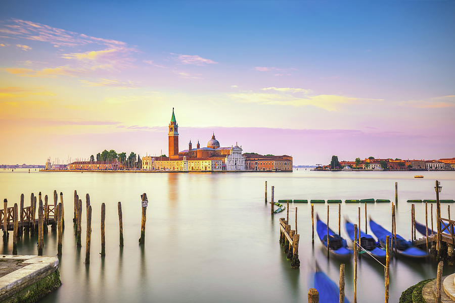 Venice lagoon, San Giorgio church, gondolas and poles. Italy #2 Photograph by Stefano Orazzini