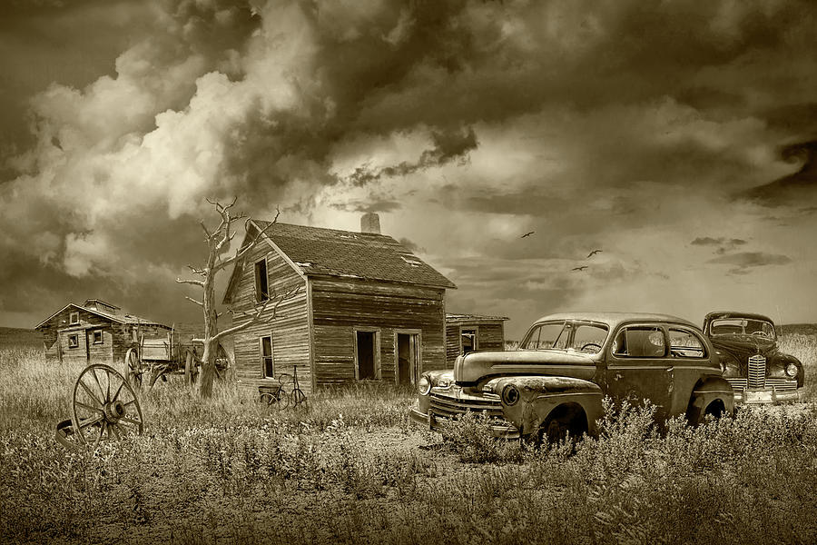 Vintage Automobiles with Farmhouse and Barn on a Abandoned Farm  #2 Photograph by Randall Nyhof