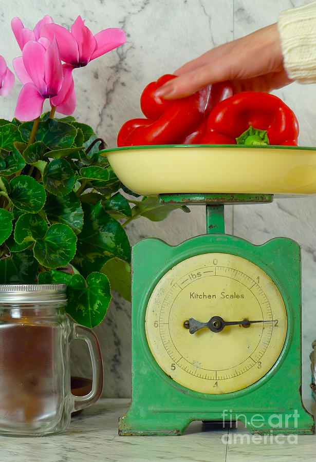 Vintage kitchen scale decor with farmhouse style kitchenware. #2 Photograph by Milleflore Images