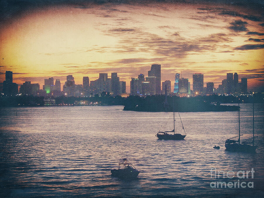 Sunset Photograph - Vintage Miami Skyline #2 by Phil Perkins