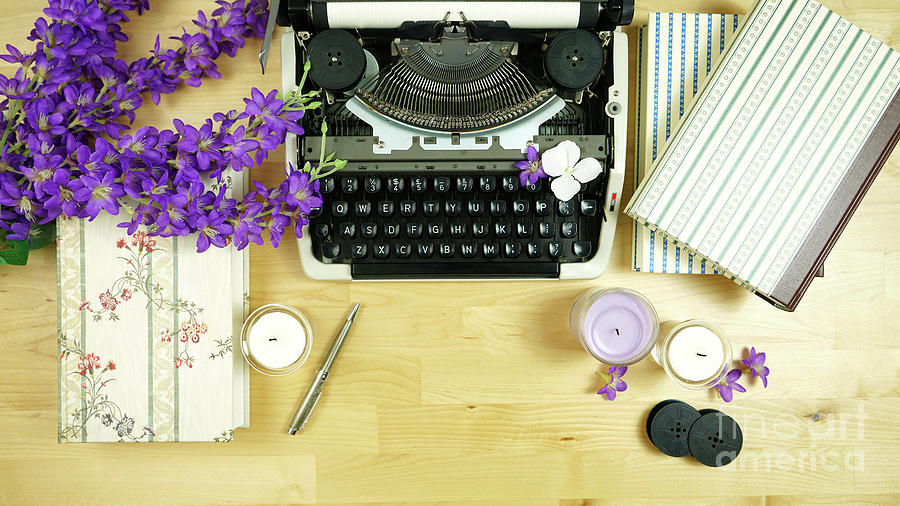 Vintage writers desk creative composition flat lay with typewriter and books. #2 Photograph by Milleflore Images