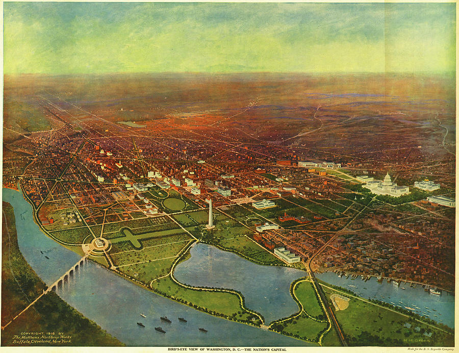 Washington D C Birds Eye View Map Digital Art By Owl Gallery Fine Art America