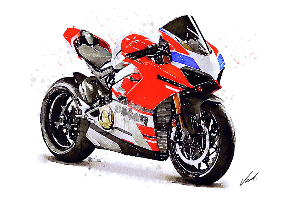 Watercolor Ducati Panigale V4S motorcycle, oryginal artwork by Vart Painting by Vart Studio
