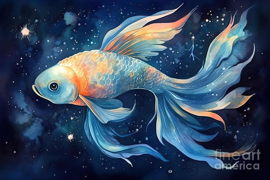 Sign Painting - Watercolor Illustration of a Zodiac Sign Of Pisces, Fantasy Fish #2 by N Akkash