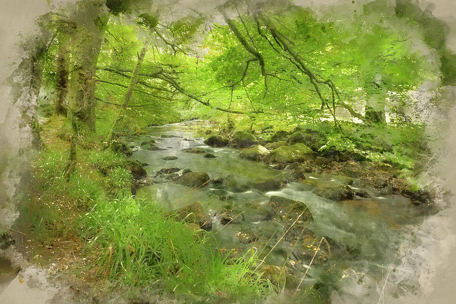 Tree Digital Art - Watercolor painting of Beautiful landscape of river flowing thro #2 by Matthew Gibson