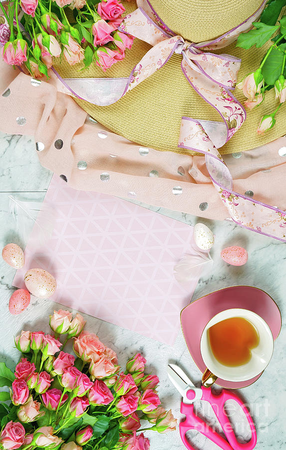 Welcoming Spring theme concept tea break with pink roses and female accessories. #2 Photograph by Milleflore Images