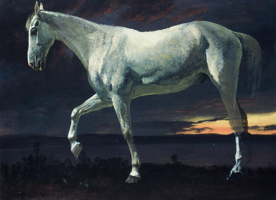 Albert Bierstadt  Painting - White Horse and Sunset  #2 by Alexander Ivanov