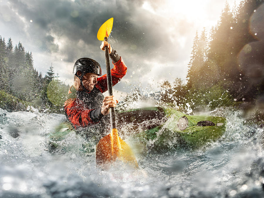 Whitewater kayaking, extreme kayaking. A guy in a kayak sails on a mountain river #2 Photograph by Anton5146