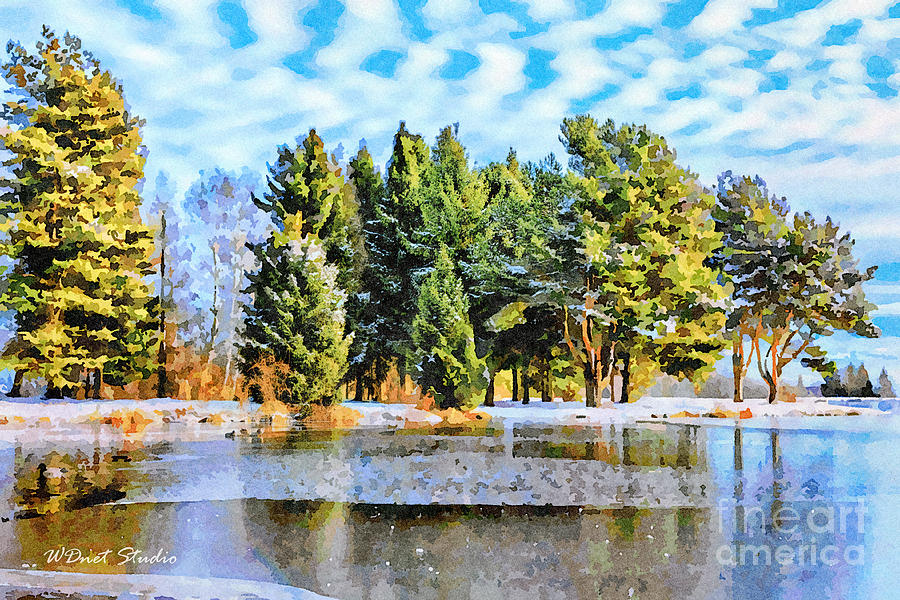 Winter Landscape With Lake And Reflection Digital Art