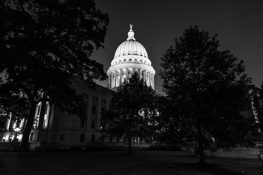 Wisconsin state capitol building at night in black and white #2 Photograph by Eldon McGraw