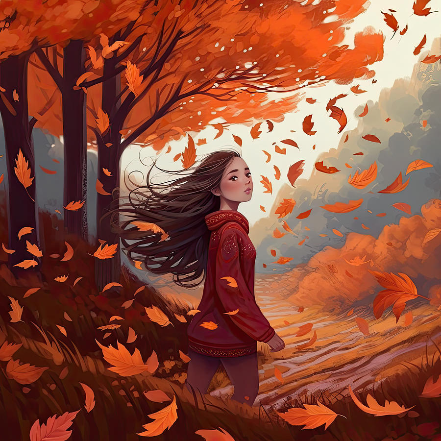 Woman in a Swirl of Beautiful Autumn Leaves Digital Art by Colorful ...