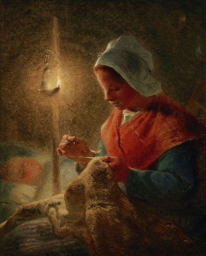 Woman Sewing by Lamplight, from circa 1870-1872 Painting by Jean-Francois Millet