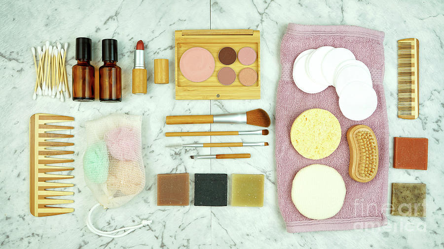 Brush Photograph - Zero-waste, plastic-free beauty and makeup products flatlay overhead. #2 by Milleflore Images