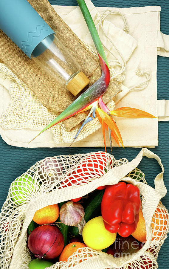 Zero waste, plastic free, eco-friendly shopping flat lay. #2 Photograph by Milleflore Images