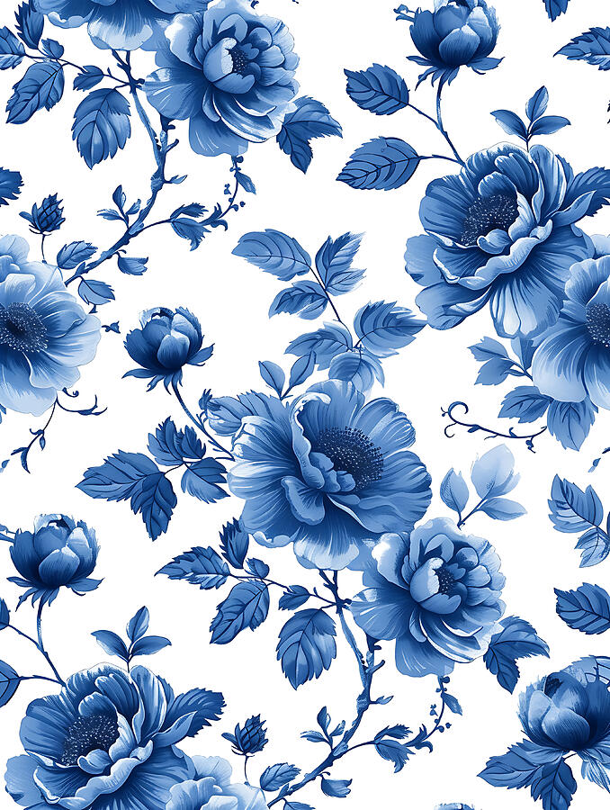 Flower Digital Art - Blue And White Floral Pattern #20 by Benameur Benyahia
