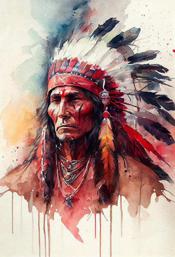 Cherokee Indian Chief Watercolour Mixed Media