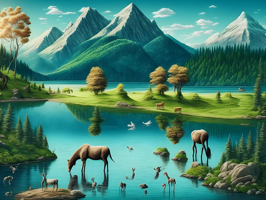 Landscape With Fantasy Animals, Generative Ai Illustration Digital Art