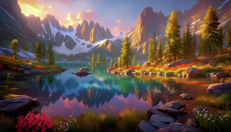 200-Beautiful Rocky Mountain Lake Scene at Sunset - 1233 Mixed Media by Donald Keith