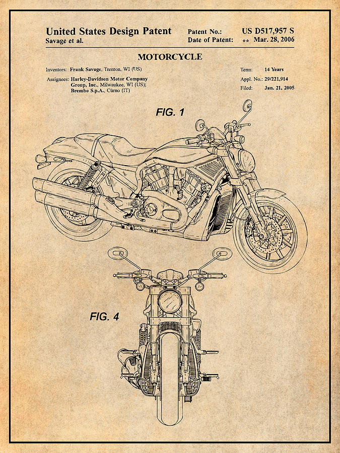 2005 Harley Davidson V-Rod Motorcycle Patent Print Antique Paper Drawing by Greg Edwards