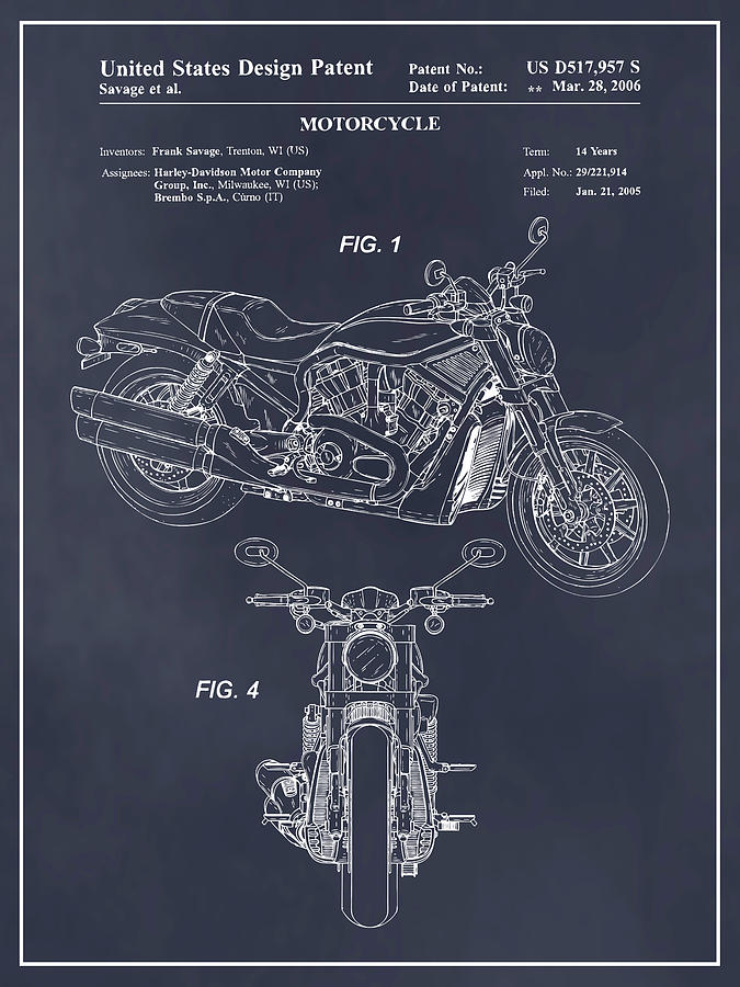 2005 Harley Davidson V-Rod Motorcycle Patent Print Blackboard Drawing by Greg Edwards