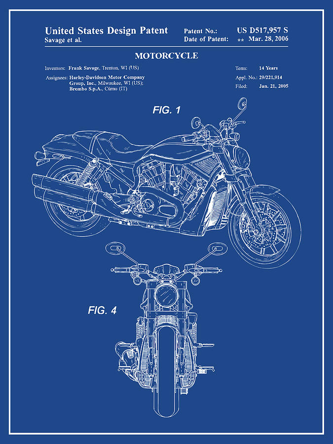 2005 Harley Davidson V-Rod Motorcycle Patent Print Dark Blue Drawing by Greg Edwards