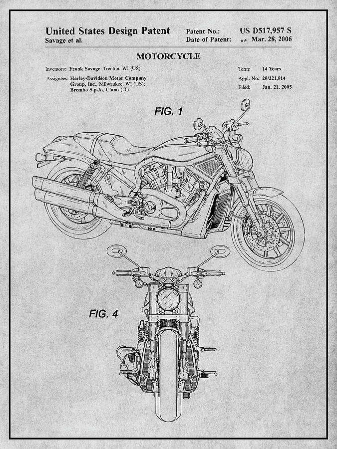2005 Harley Davidson V-Rod Motorcycle Patent Print Gray Drawing by Greg Edwards