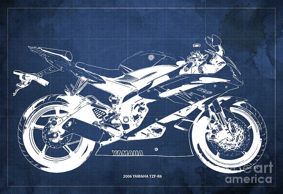 2006 Yamaha Yzf R6 Blueprint,blue Vintage Background,special Gift For Bikers Drawing