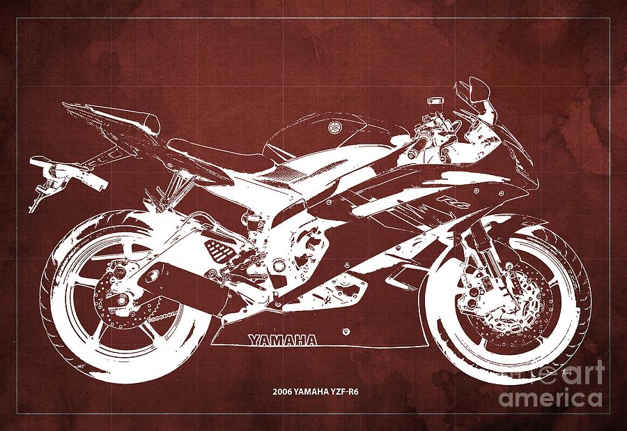 2006 Yamaha Yzf R6 Blueprint,red Vintage Background,special Gift For Bikers Drawing