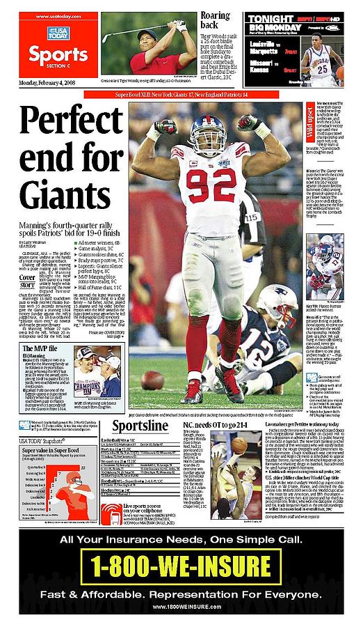 2008 Giants vs. Patriots USA TODAY SPORTS SECTION FRONT Digital Art by Gannett