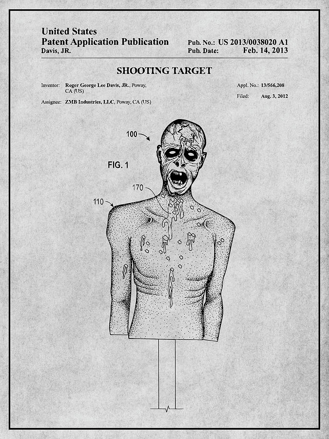 2012 zombie shooting target patent print gray drawing by greg edwards