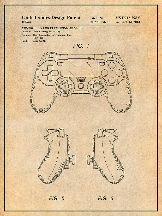 2013 PS4 Controller Patent Print Antique Paper Drawing by Greg Edwards